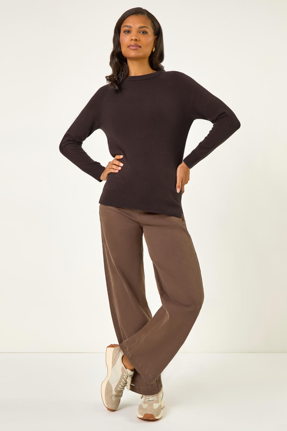 Chocolate Plain Soft Crew Neck Jumper, Image 3 of 5
