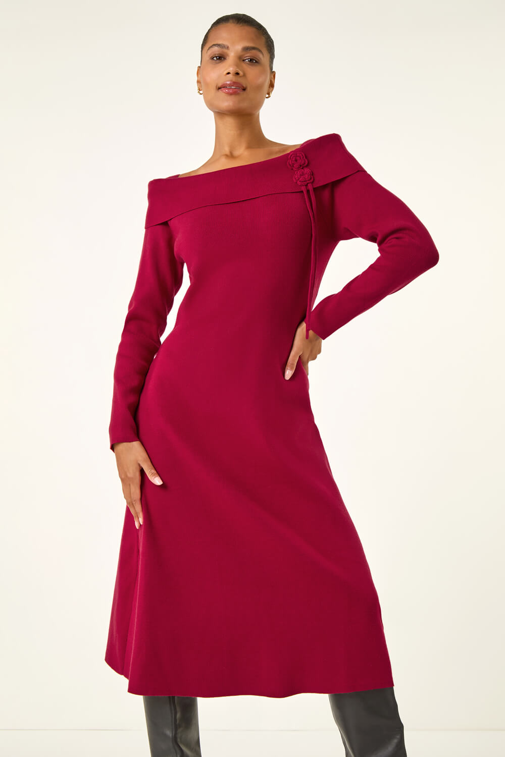 Red Floral Bardot Knit Midi Dress | Roman UK