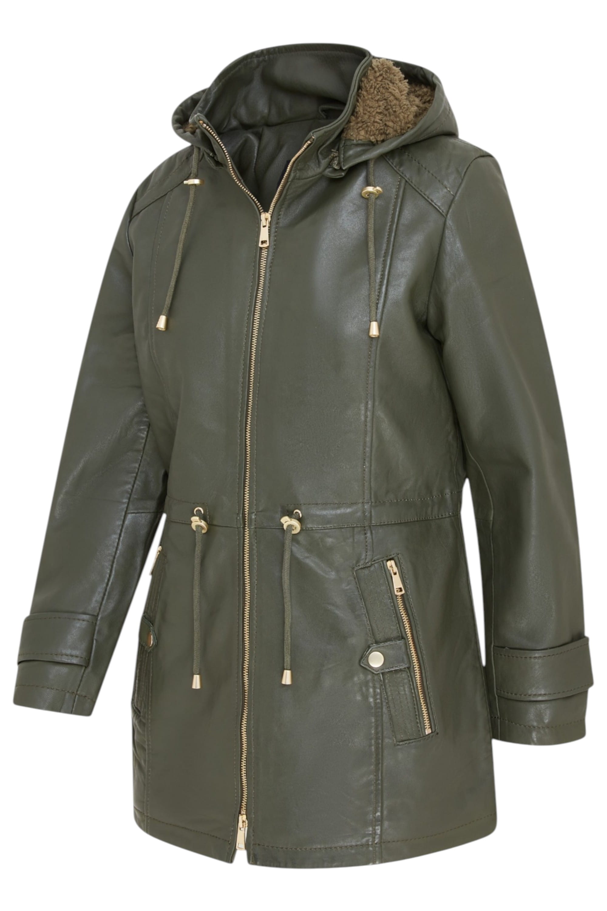 Green Leather Parka Hooded Trench Coat-Emilia, Image 4 of 8