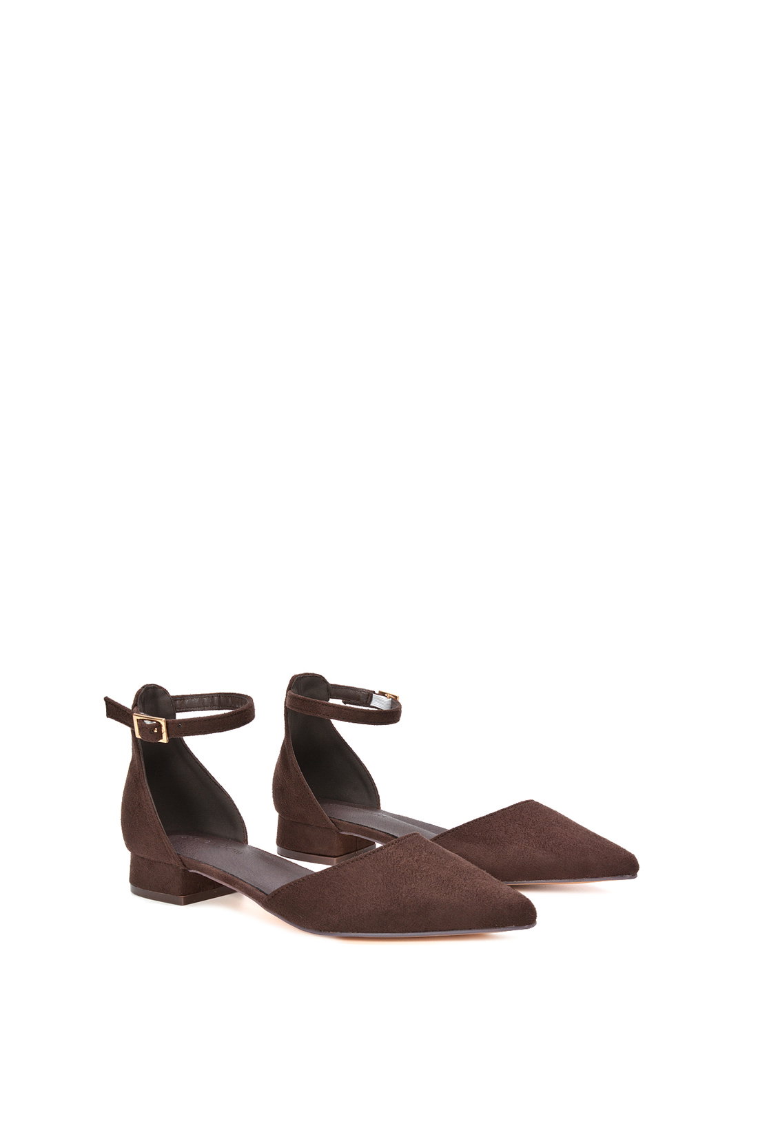 Brown XY LONDON Brown 'Jenny' Low Heel Flat Pointed Toe Ankle Strap Court Shoes, Image 3 of 6