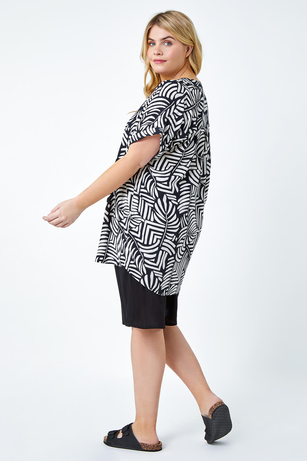 Black Curve Leaf Print Notch Neck Tunic Top, Image 5 of 5