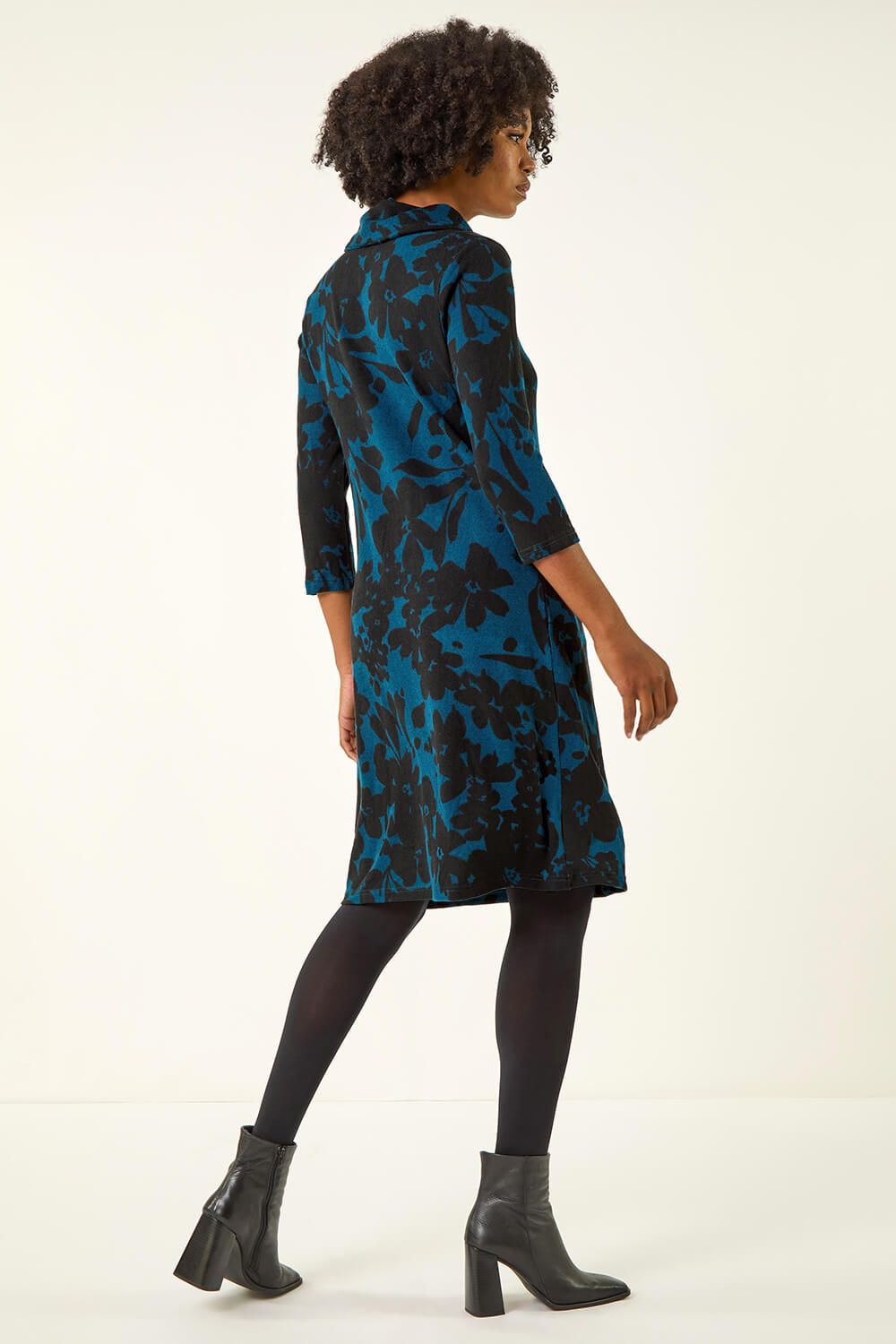 Teal Floral Print Cowl Neck Dress, Image 4 of 5