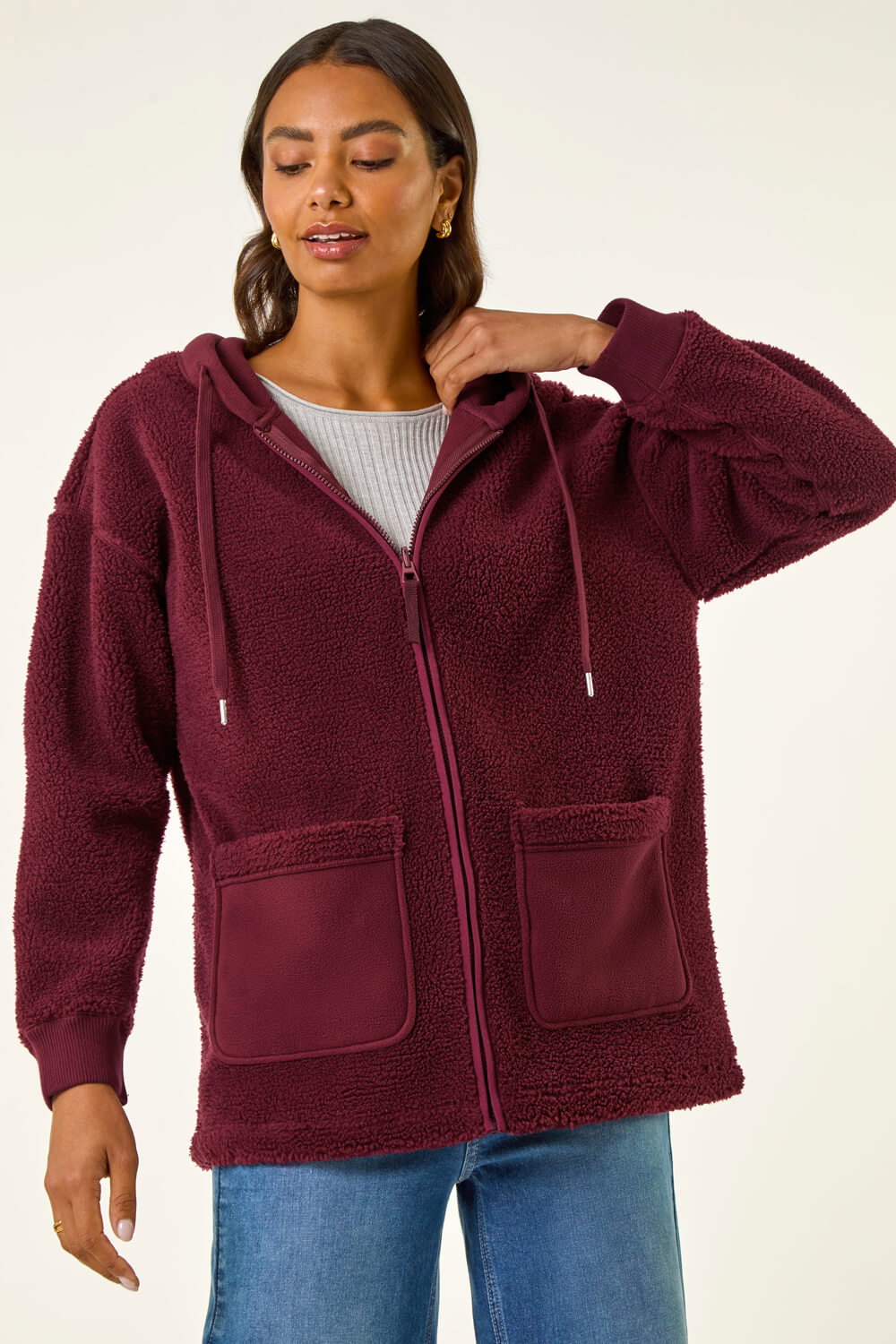 Burgundy Hooded Borg Zip Through Jacket, Image 5 of 5