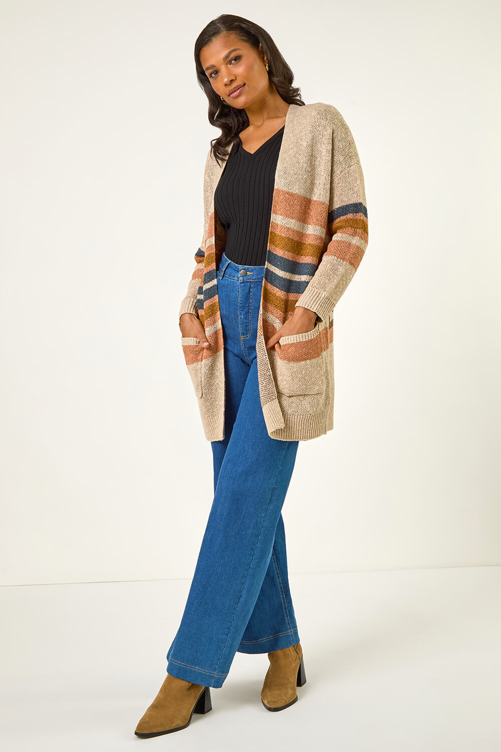 Camel  Stripe Knit Longline Cardigan, Image 3 of 5
