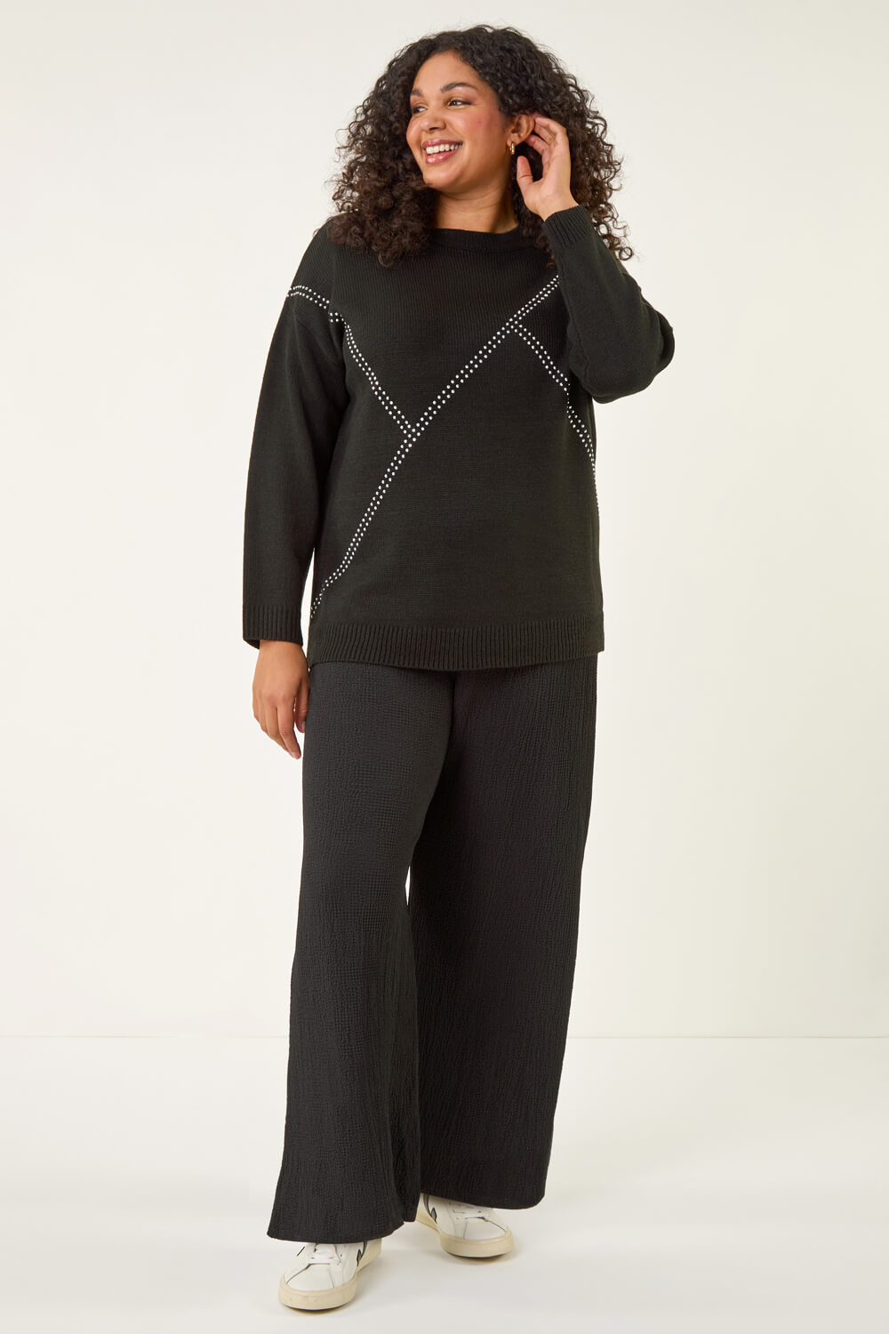 Black Curve Textured Stretch Trousers, Image 3 of 5