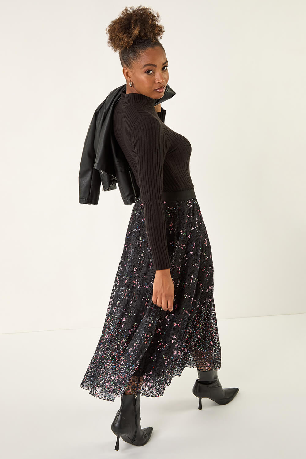Black Printed Lace Overlay Skirt | Roman UK