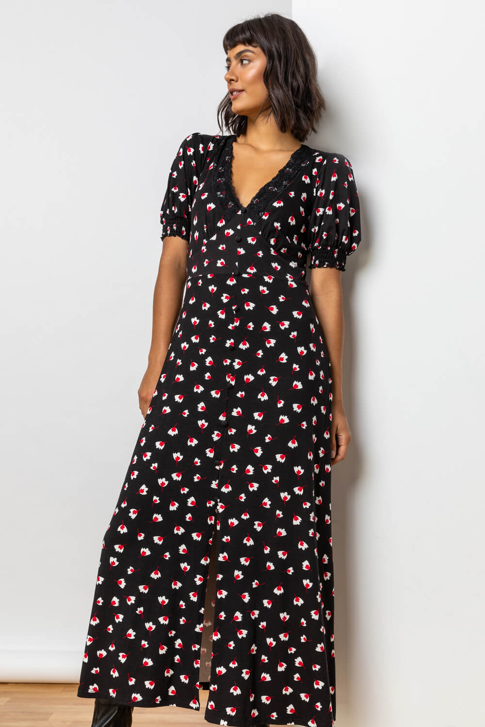 Red Lace Trim Floral Print Midi Dress, Image 5 of 5