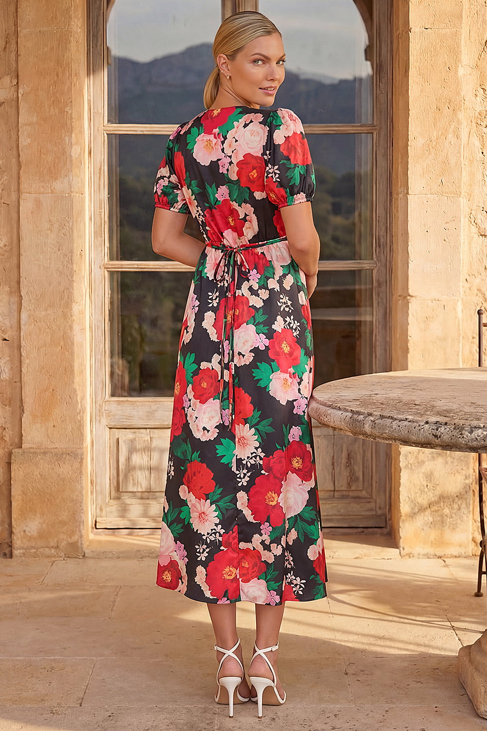 Red Puff Sleeve Floral Satin Midi Dress, Image 4 of 4
