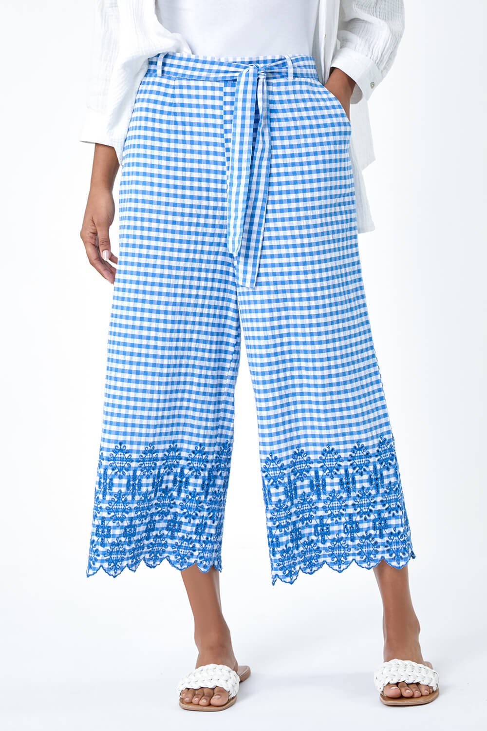 Blue Gingham Cotton Broderie Cropped Trousers, Image 5 of 5
