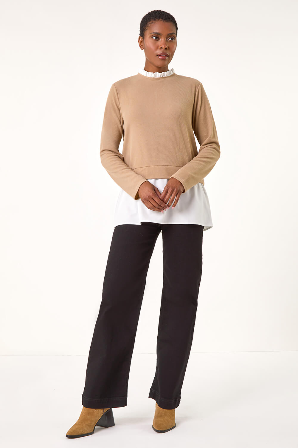 Camel  Frill Neck Contrast Jersey Top, Image 4 of 5