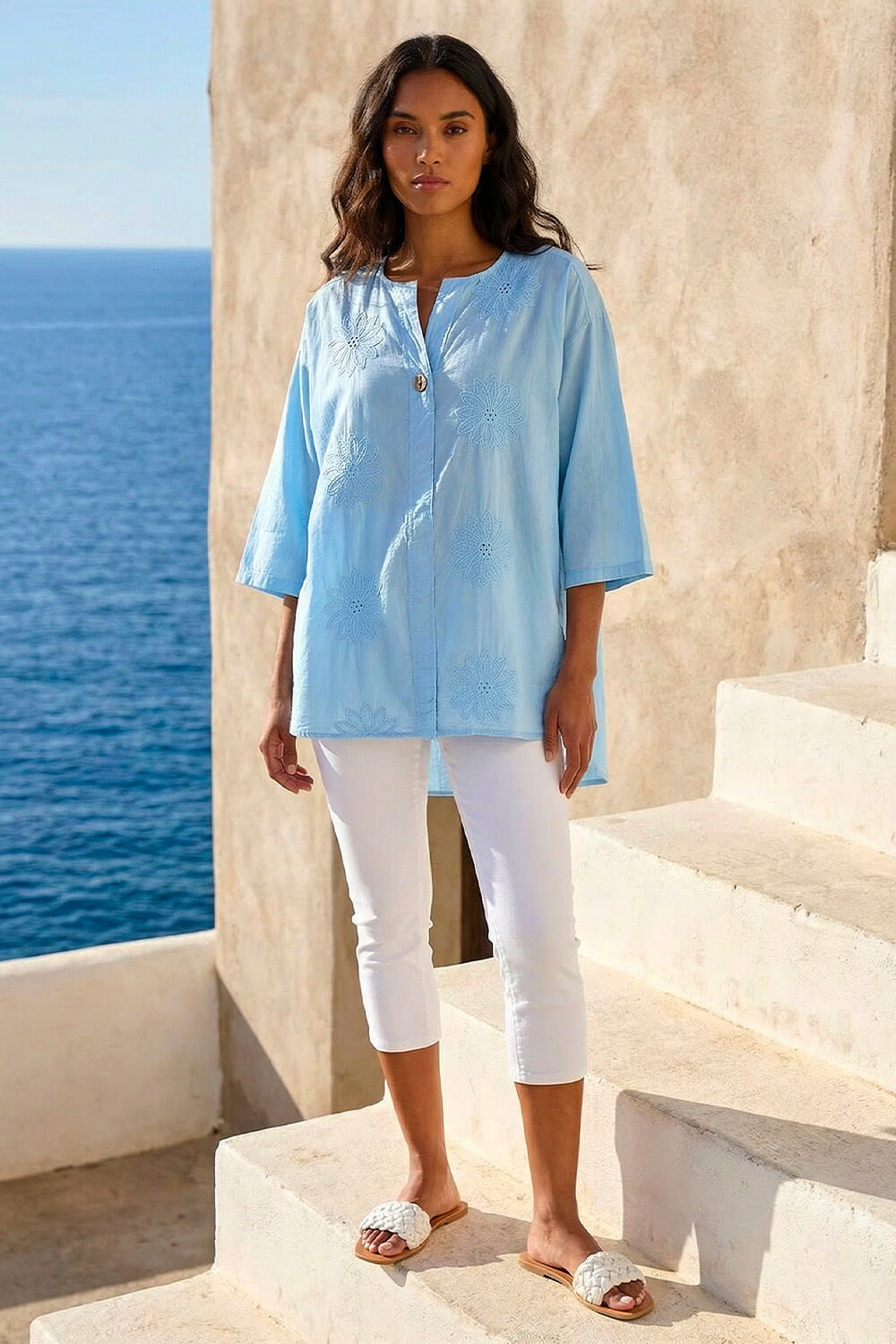 Light Blue Cotton Floral Embroidered Tunic Top, Image 3 of 4
