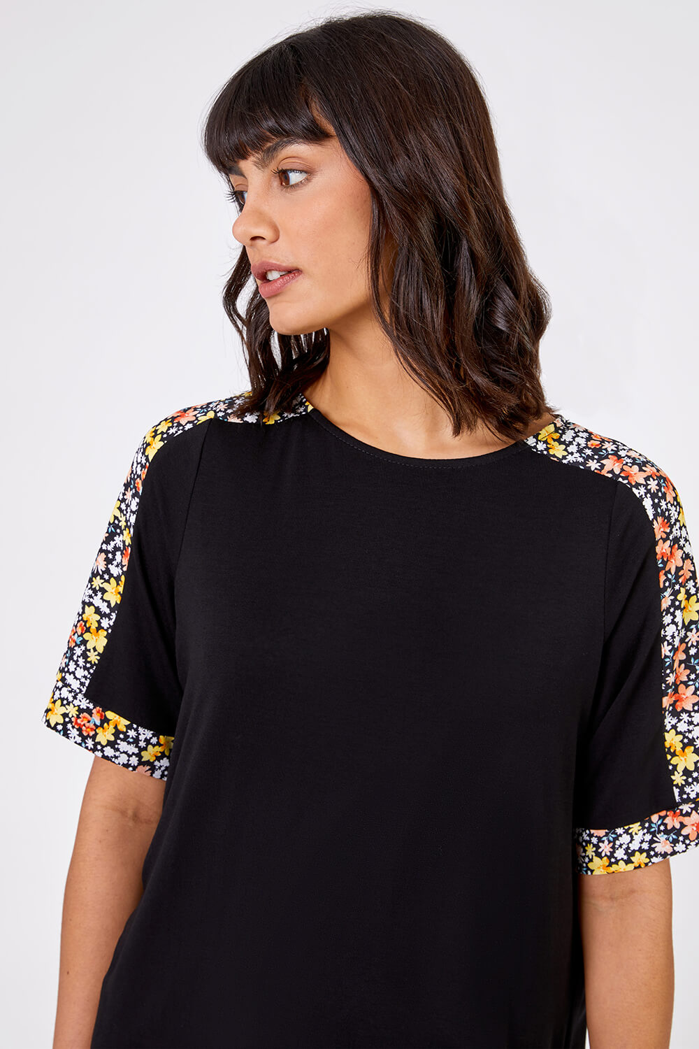 Black Floral Print Contrast Jeresey Top, Image 5 of 4