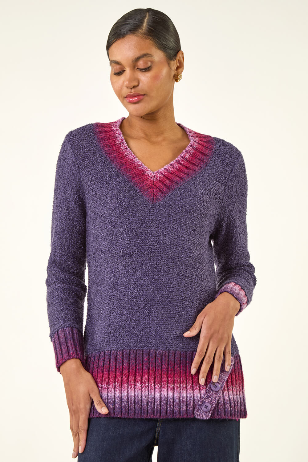 Purple V-Neck Ombre Trim Knit Jumper, Image 1 of 5