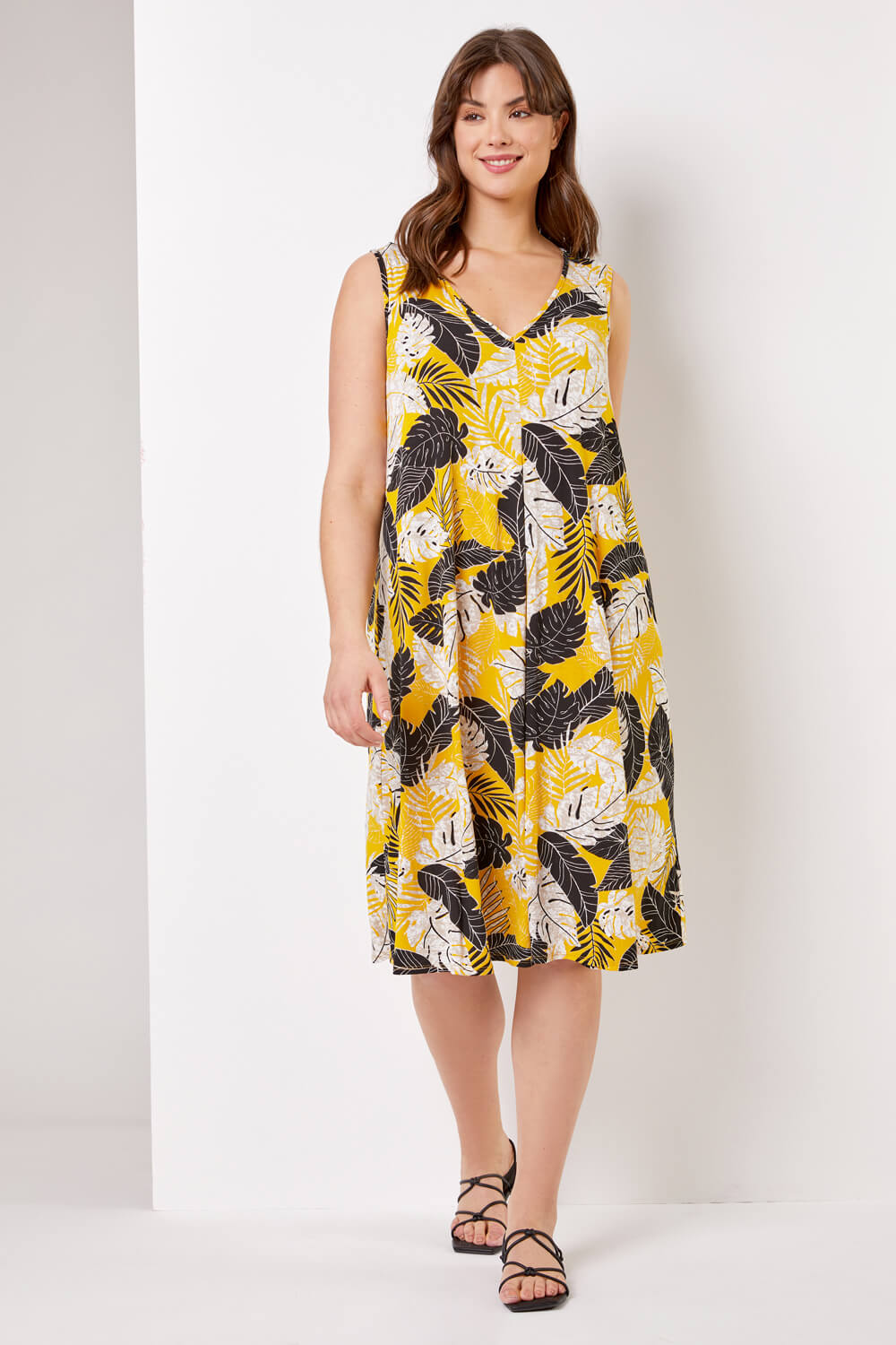 Ochre Curve Tropical Leaf Print Swing Dress, Image 4 of 4