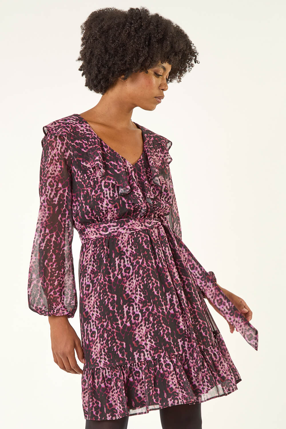 Pink Animal Print Frill V-Neck Dress, Image 3 of 5