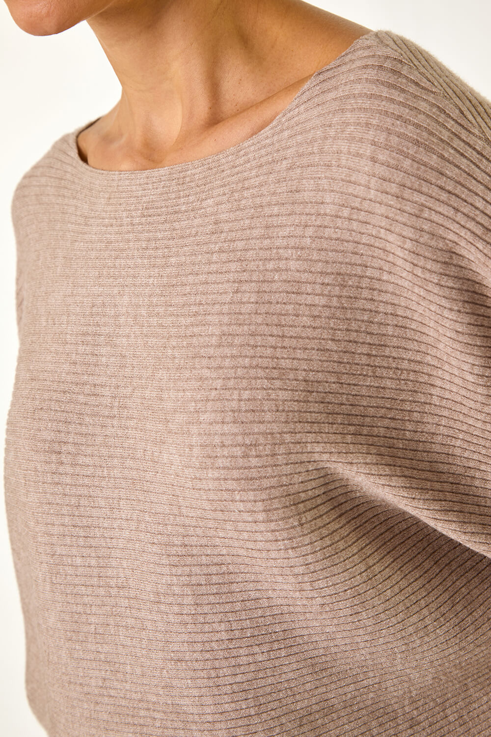 Beige Ribbed Batwing Knit Jumper, Image 6 of 5