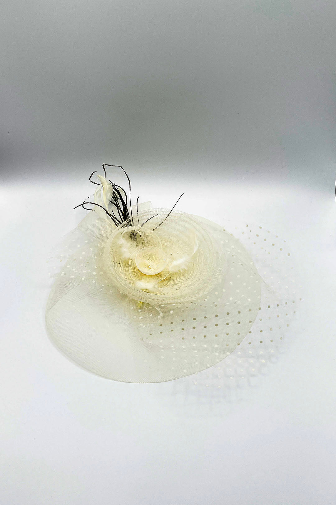 Cream Feather & Polka Veil Fascinator, Image 2 of 2