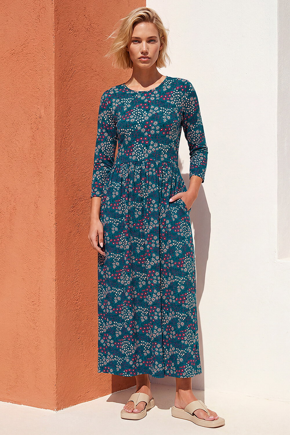 Teal Ditsy Print Pocket Midi Dress, Image 3 of 4