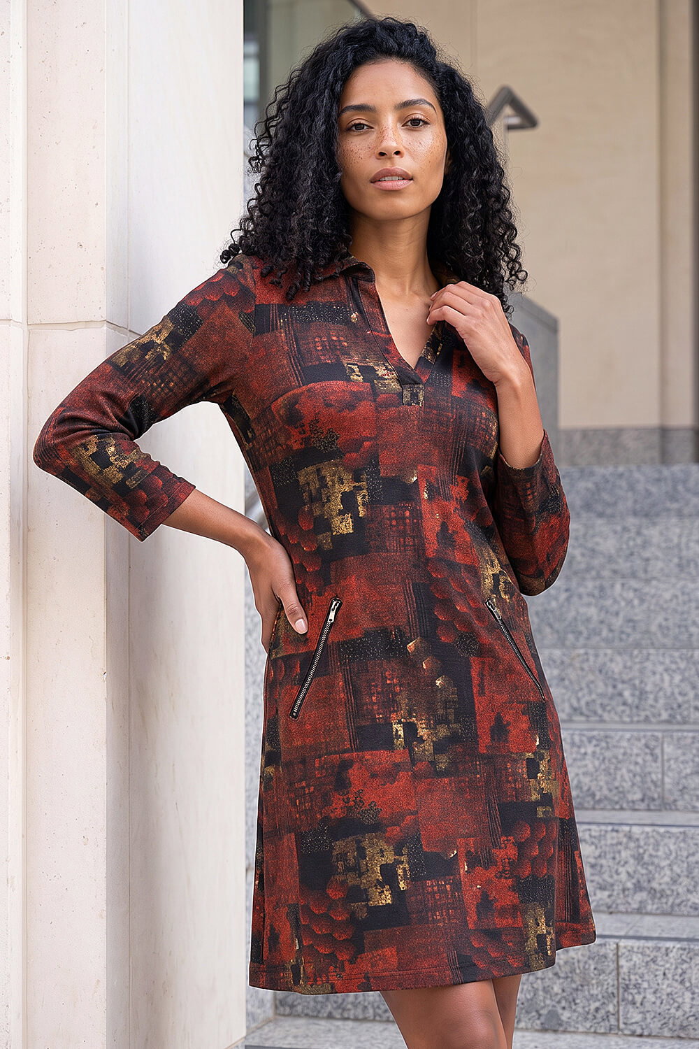 Roman Women's Orange Patchwork Print Shift Dress Size 18