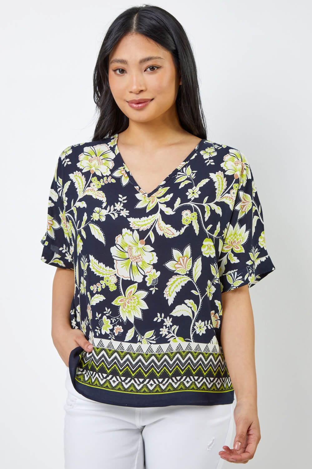 Navy Petite Floral Print Cold Shoulder Top, Image 1 of 5
