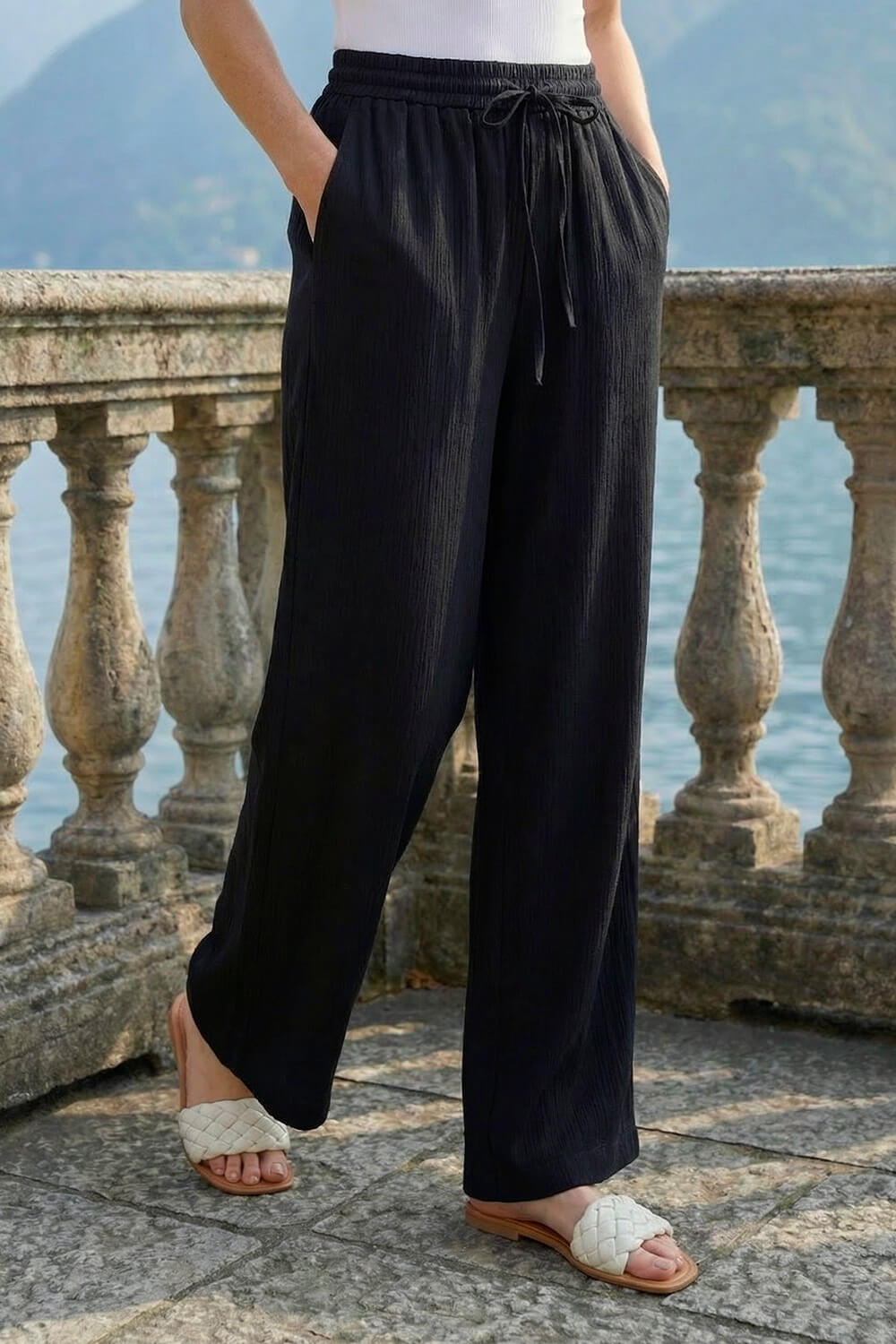Black Textured Wide Leg Trouser, Image 3 of 4