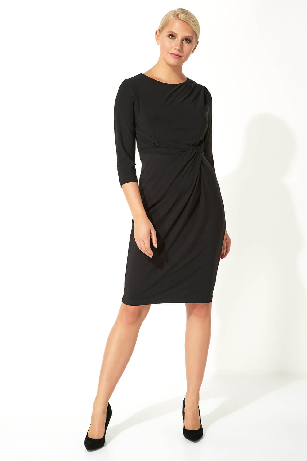 Black 3/4 Sleeve Twist Waist Dress, Image 3 of 5