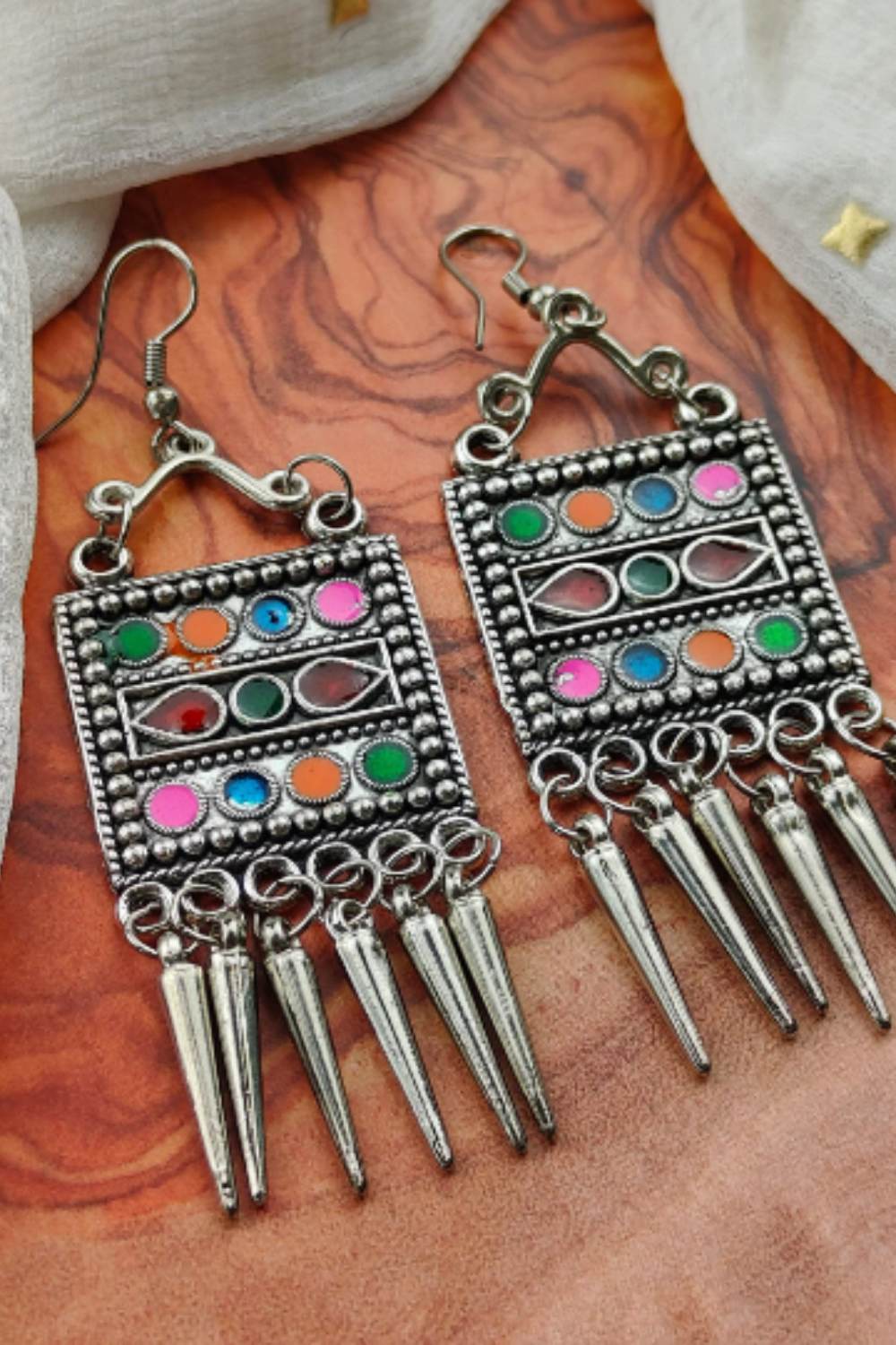 Maroon Oxidised Colourful Enamel Square Indian Boho Drop Earrings, Image 3 of 3