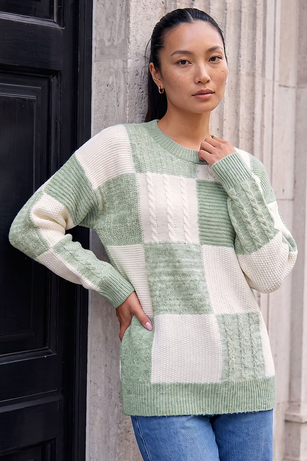 Roman Women's Mint Patchwork Cable Knit Jumper Size 20