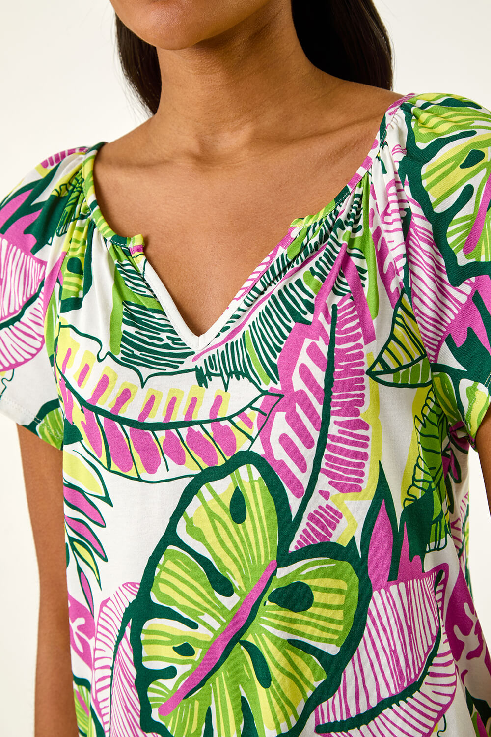 PINK Leaf Print V-Neck Stretch Top, Image 6 of 5