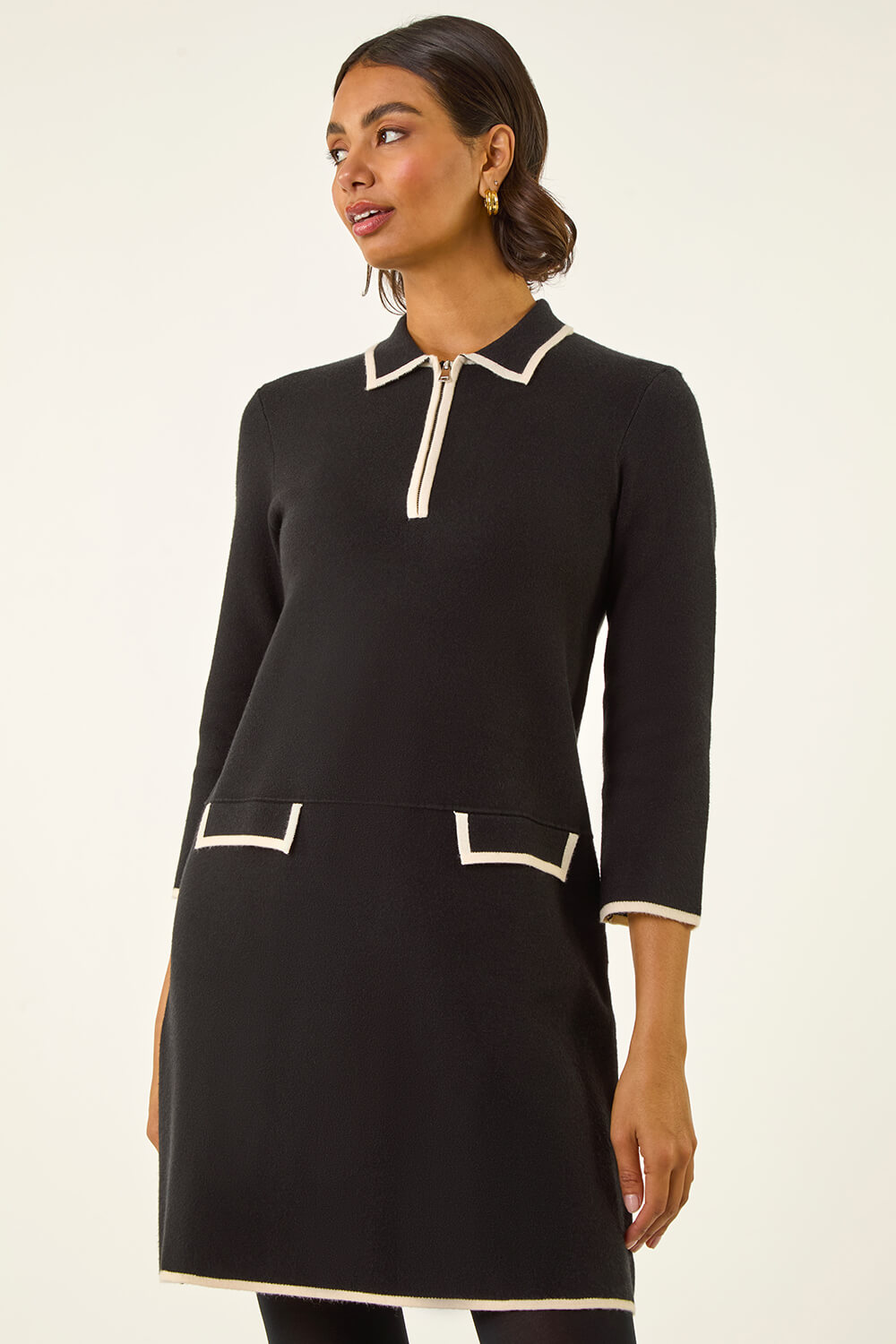 Black Contrast Zip Collared Knit Dress, Image 3 of 5