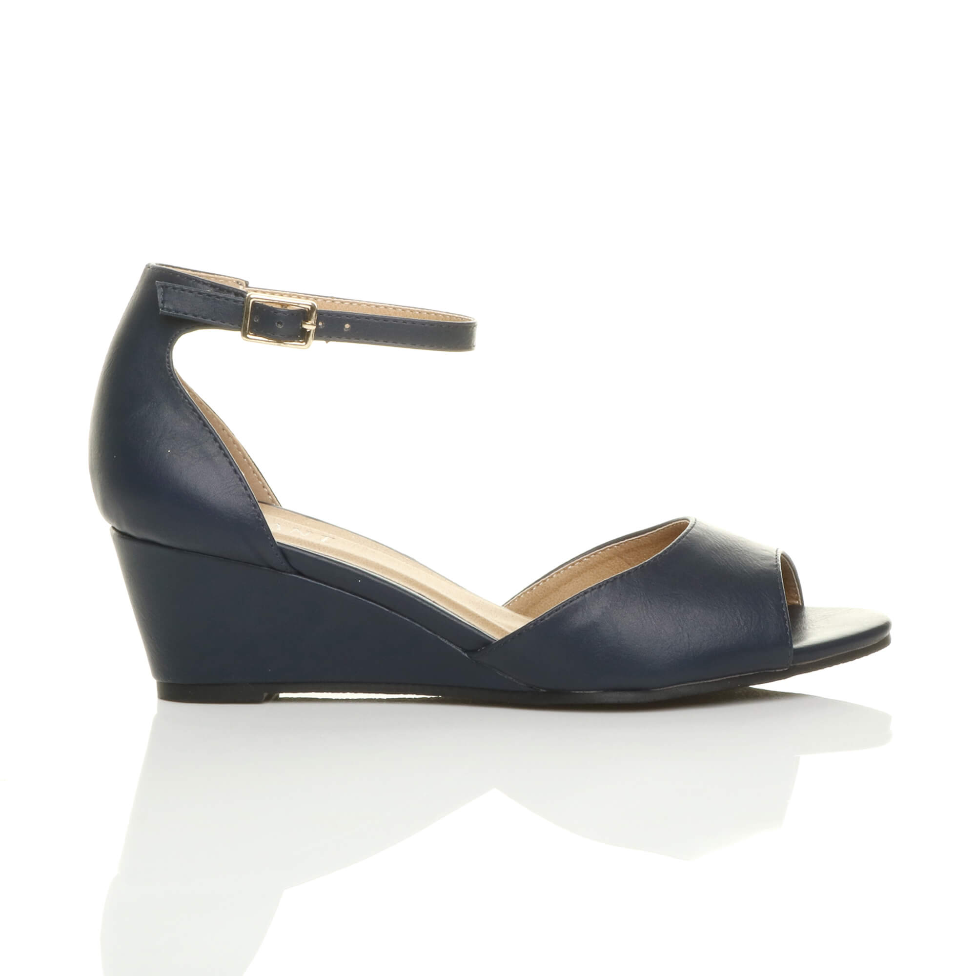 Navy Blue AJVANI Navy Blue Mid Wedge Heel Ankle Strap Sandals, Image 2 of 6
