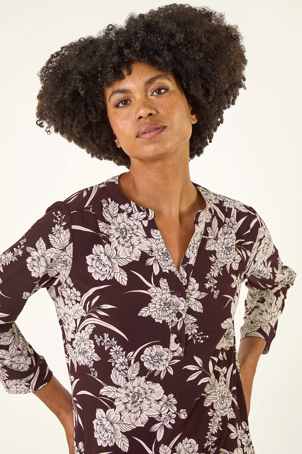 Burgundy Floral Puff Print Stretch Shirt, Image 5 of 5
