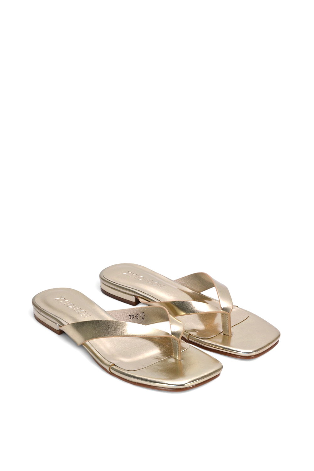 Gold XY LONDON Gold 'Rio' Thong Strap Slip On Flip Flop Square Toe Slide, Image 4 of 5