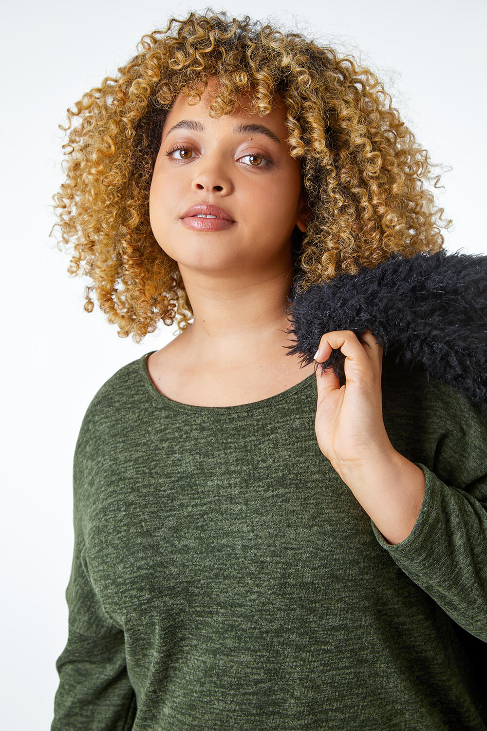 Khaki Curve Soft Knit Jersey Top, Image 1 of 5