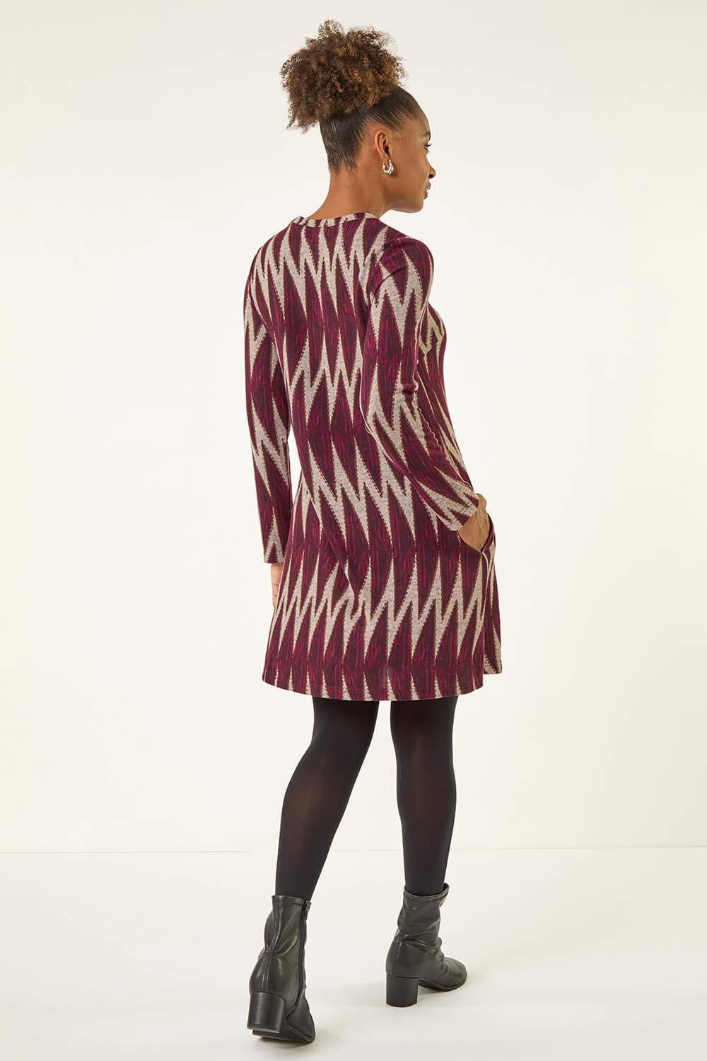 Wine Zig Zag Side Buttoned Dress, Image 4 of 5