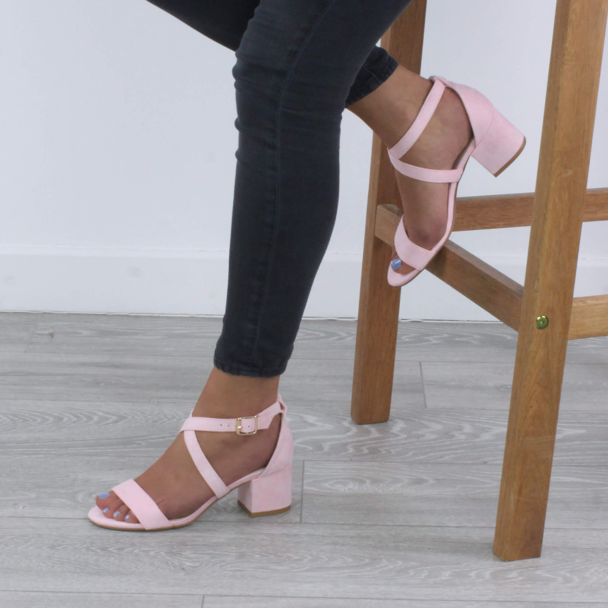 Light Pink AJVANI Light Pink Mid Block Heel Crossed Straps Sandals, Image 5 of 6