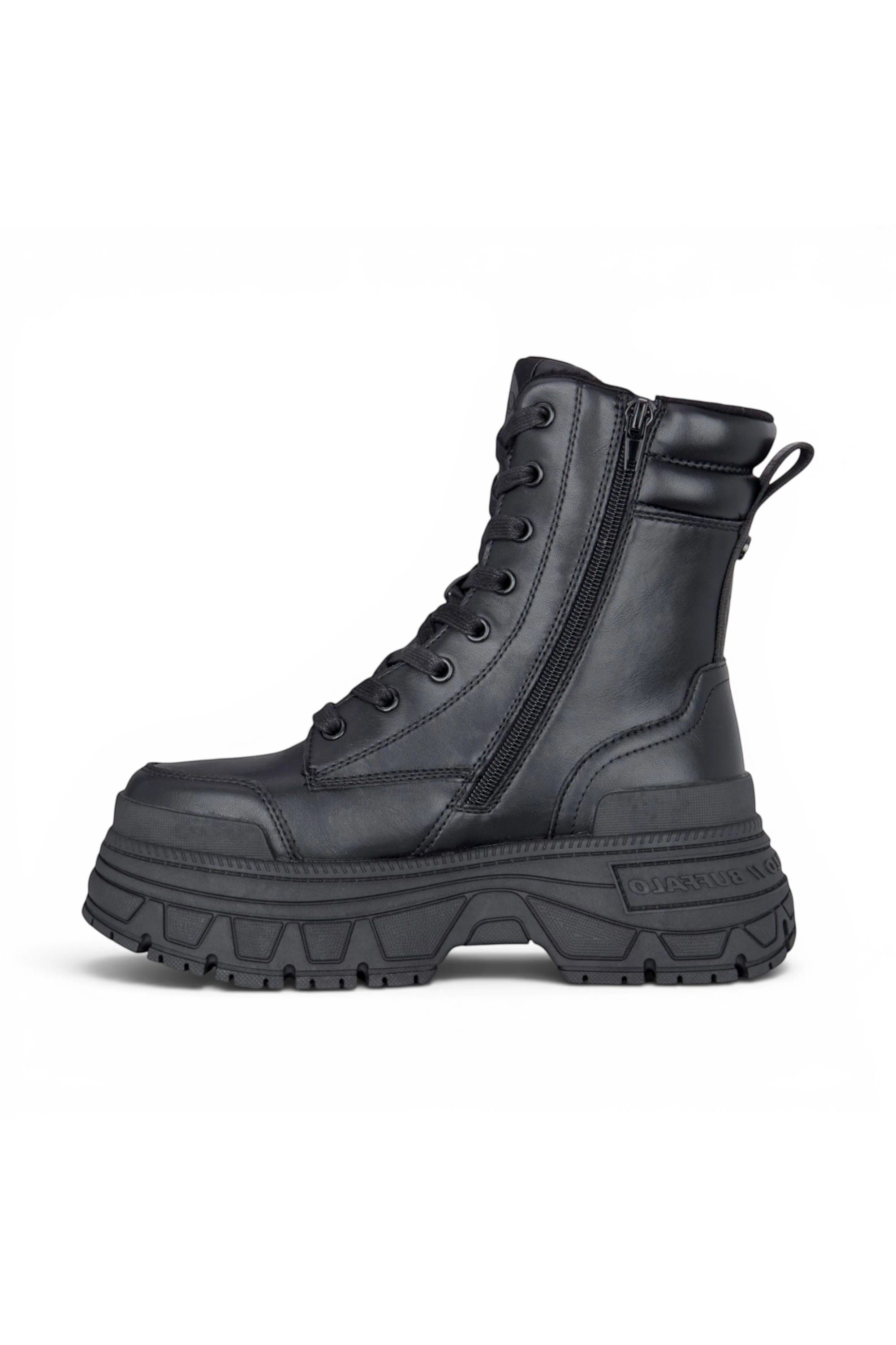 Black Womens Heel Mid High Combat Boots-Fusion, Image 5 of 7
