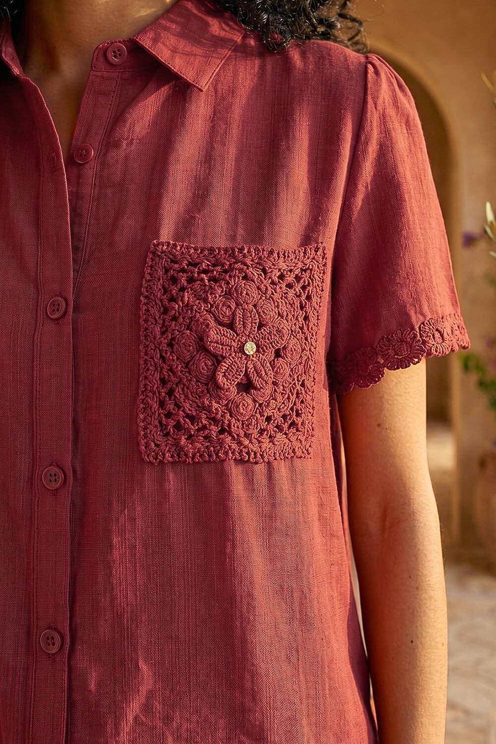 Rust Crochet Pocket Button Shirt, Image 5 of 4