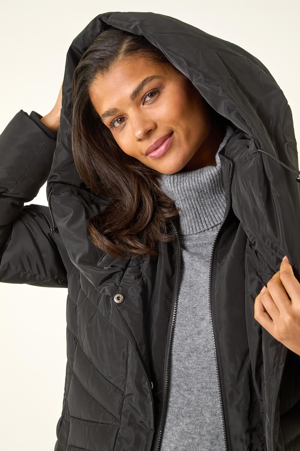 Black Hooded Quilted Coat, Image 6 of 5