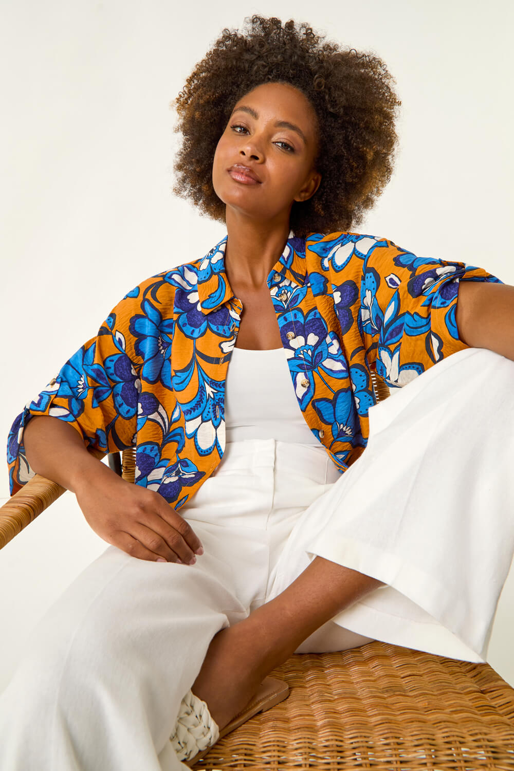 Roman Women's Orange Floral Button Up Blouse Size 14