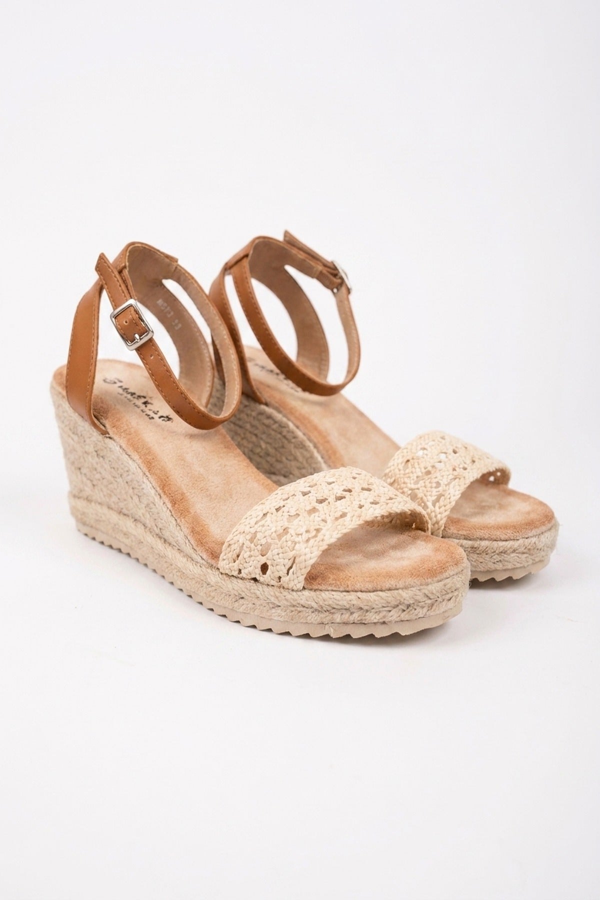 Beige Pearl Crochet Strap Espadrille Wedge Sandals, Image 2 of 5
