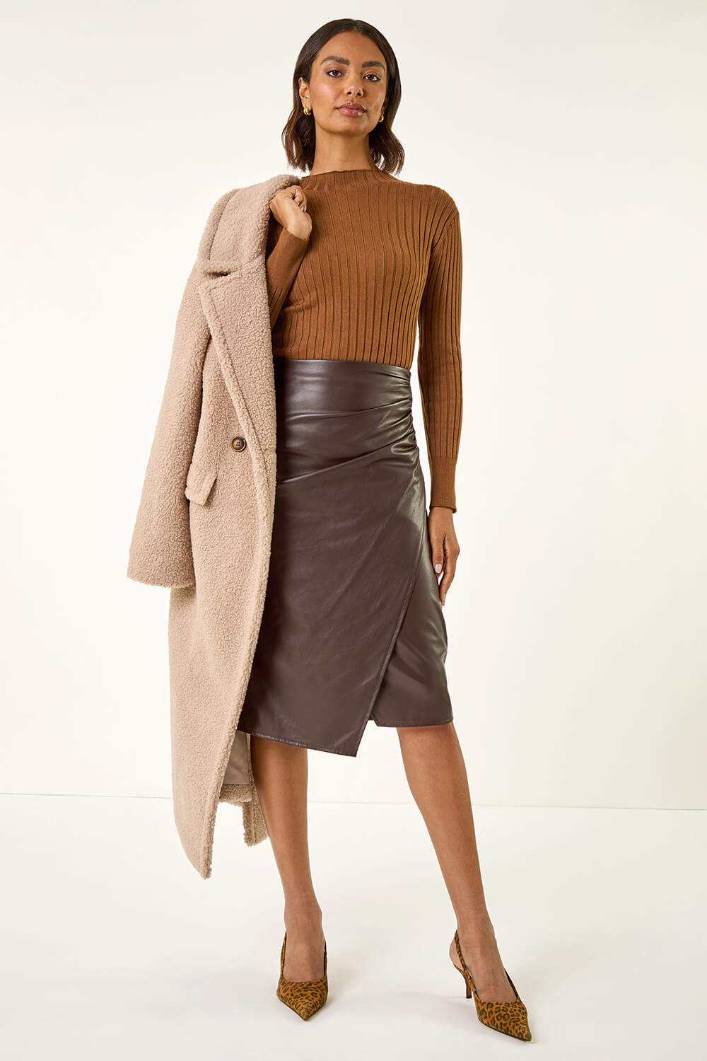 Chocolate Faux Leather Ruched Wrap Skirt, Image 4 of 7