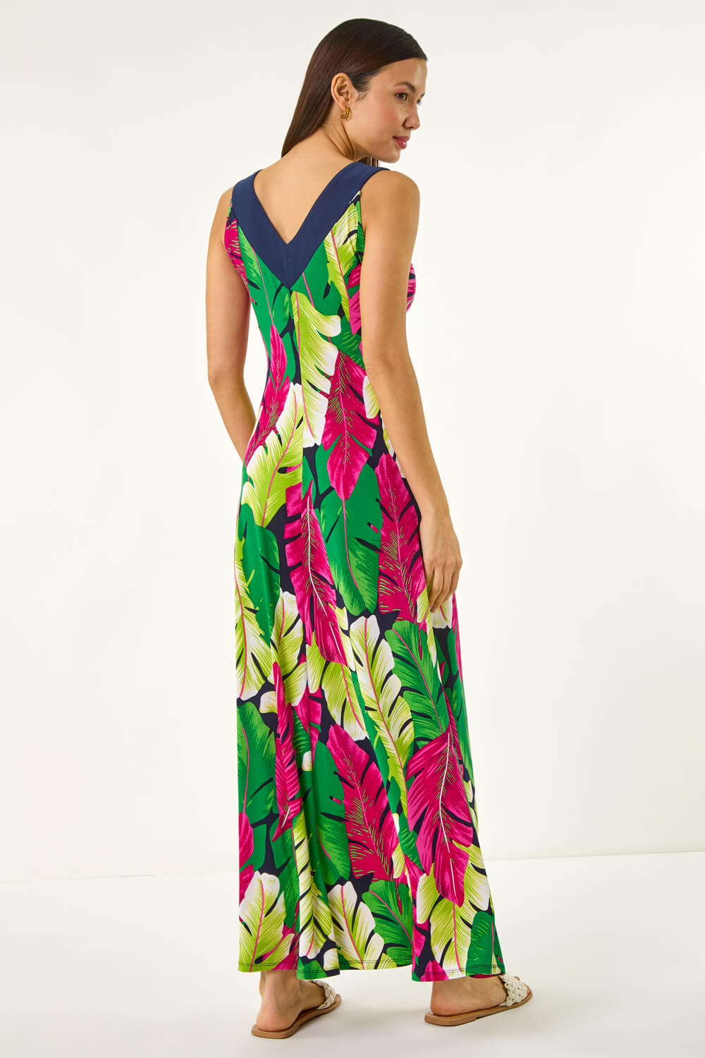 Green Leaf Print Contrast Band Maxi Dress, Image 4 of 5