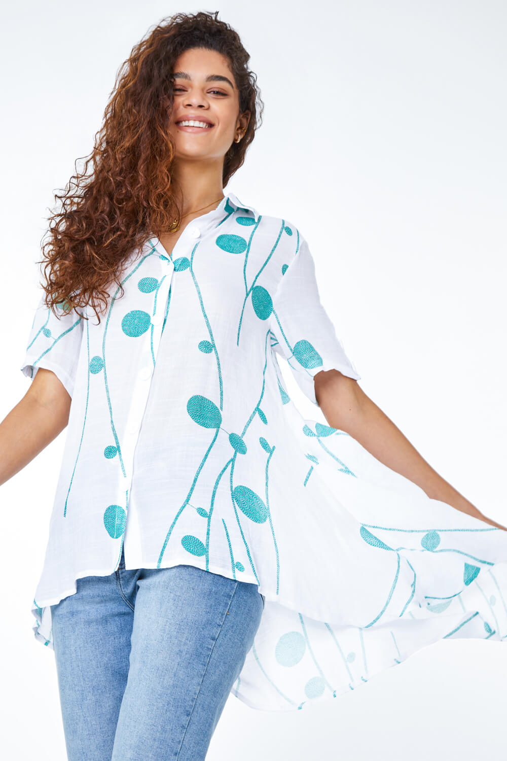 Green Spot Print Button Through Shirt, Image 1 of 5