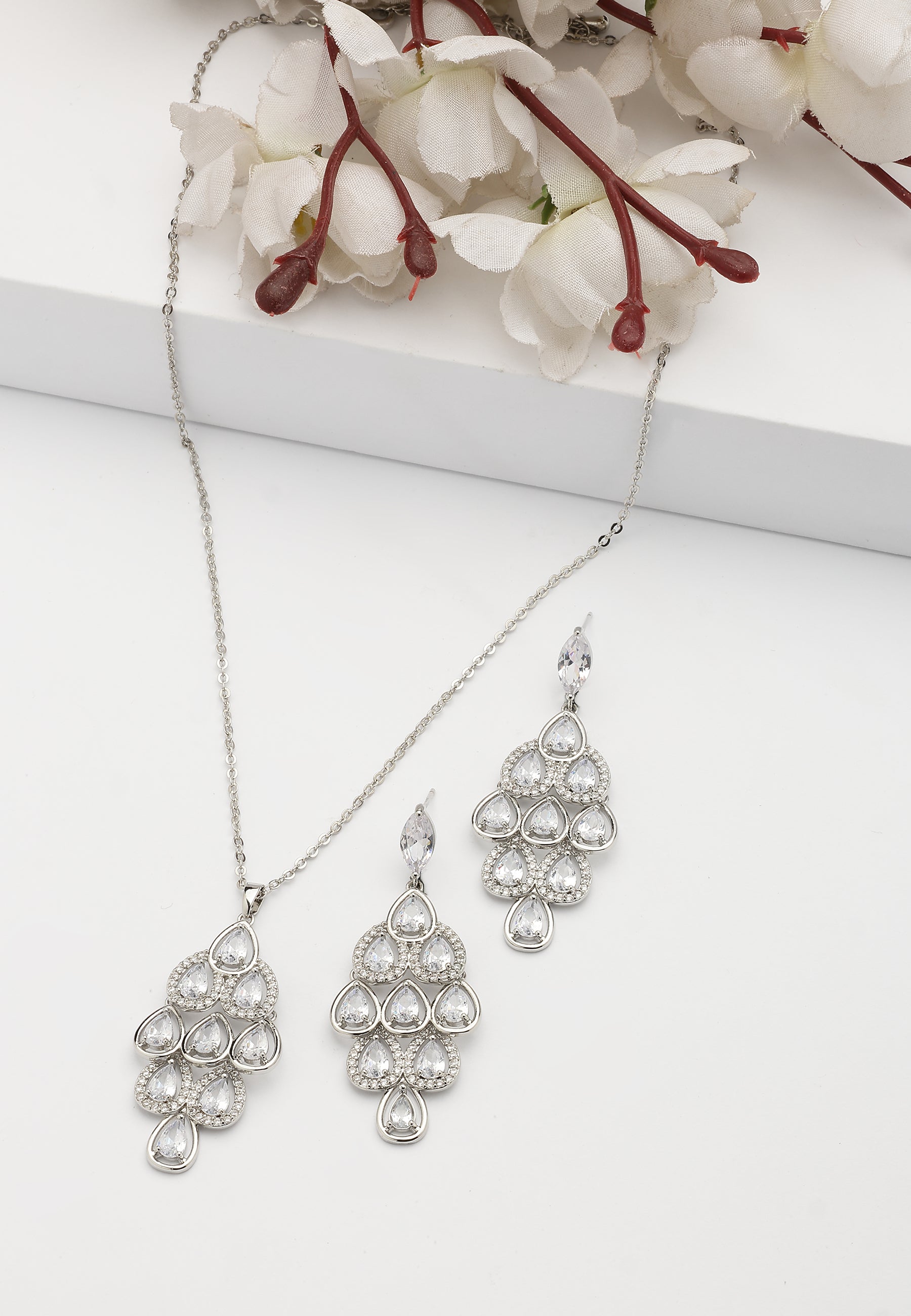 Silver Pearlescent Waterfall Necklace and Earrings Set, Image 2 of 7