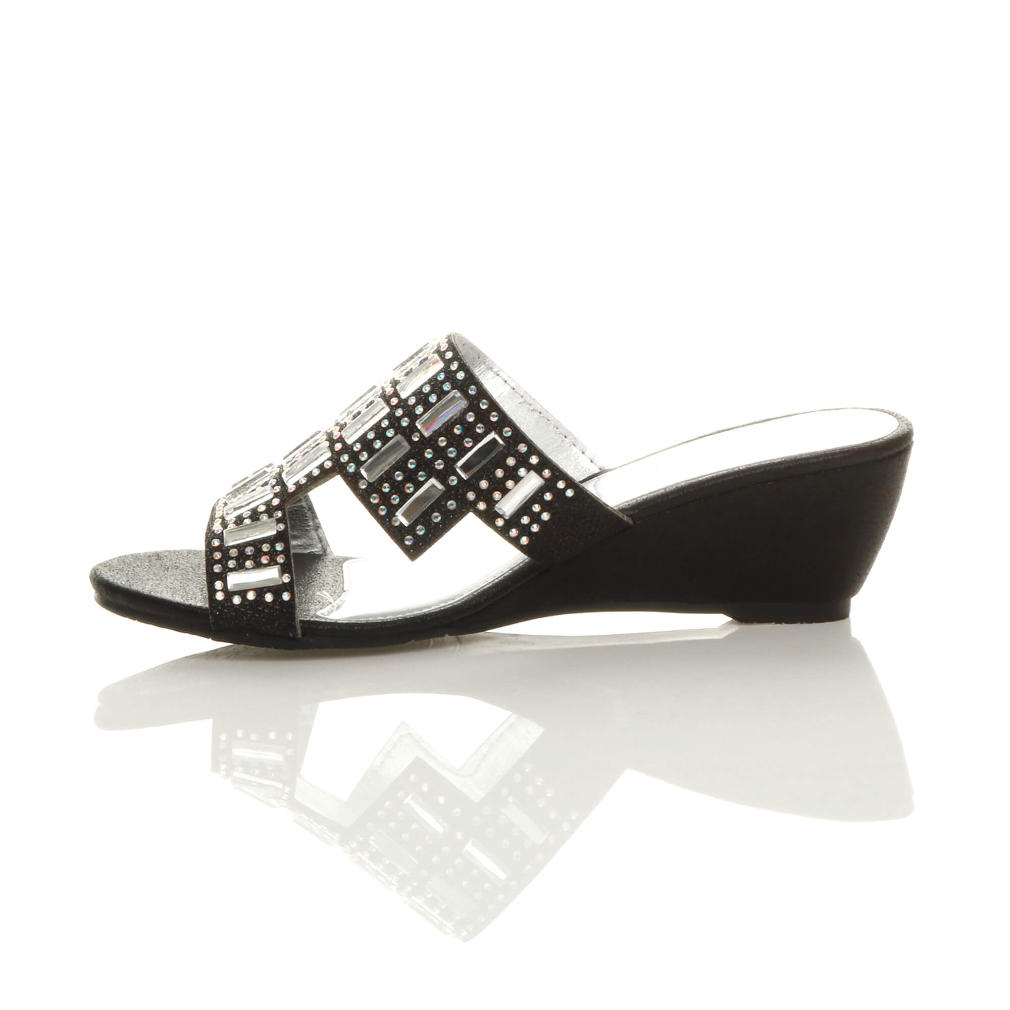 Black Low Wedge Heel Diamante Sandals Mules, Image 3 of 6