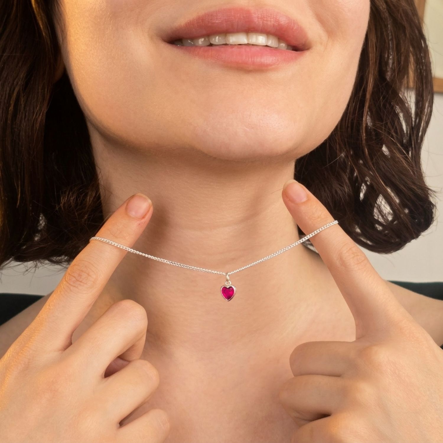 Pink Mini Heart Silver Ruby July Birthstone Necklace, Image 3 of 4