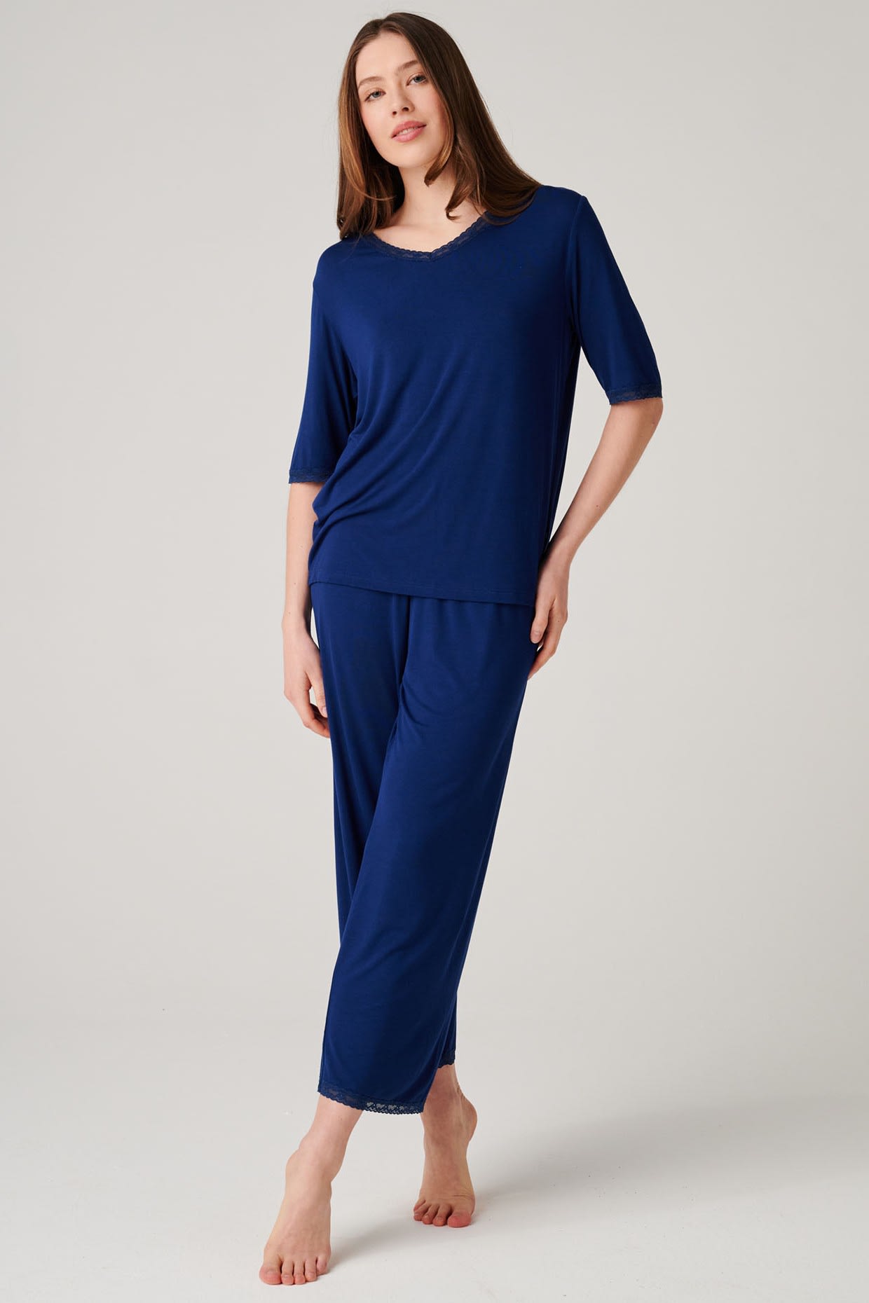 Navy British Boxers Navy "Navy Peony" Bamboo Lace Pyjama Set, Image 1 of 6