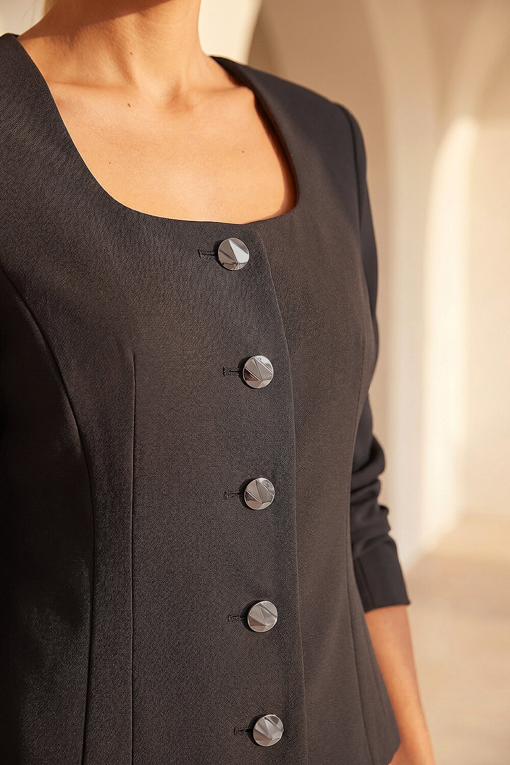 Black Petite Scoop Neck Buttoned Jacket, Image 5 of 4