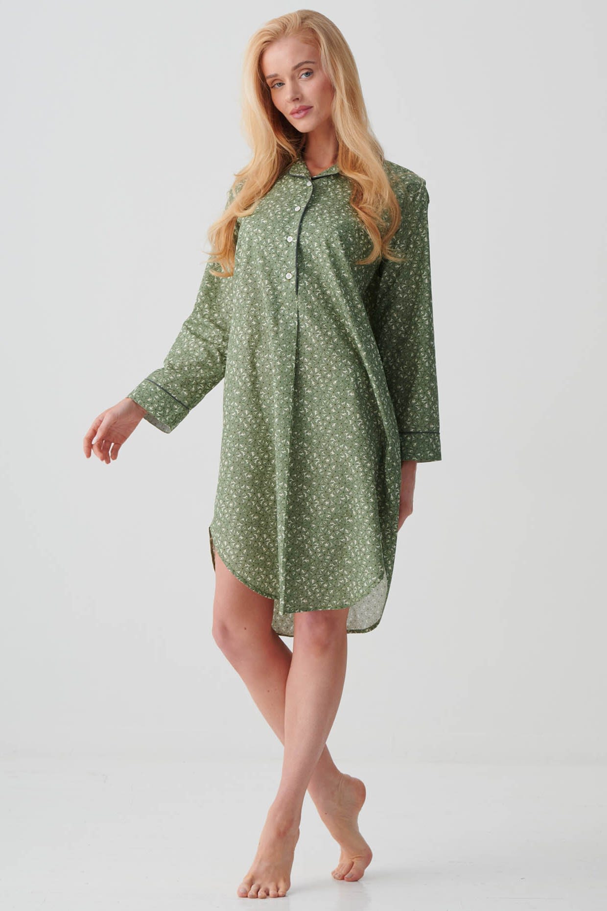 Pale Green British Boxers Pale Green "Shrub Sage" Flower Crisp Cotton Nightshirt, Image 2 of 3